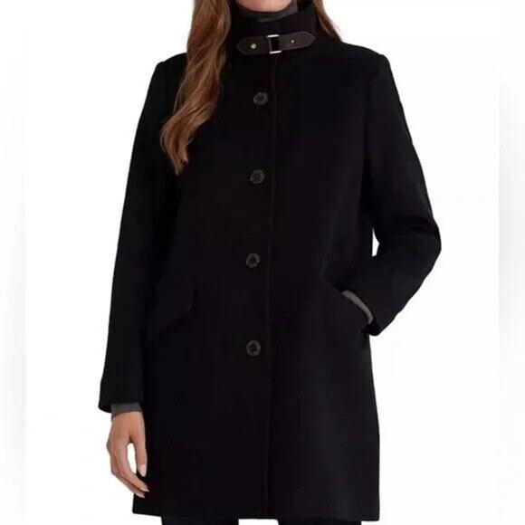 RALPH LAUREN BLACK WOOL BLND BUCKLE COLLAR BUTTON FRONT COAT
